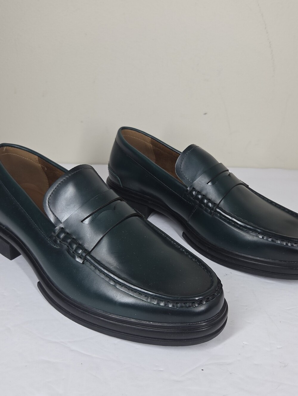 Aldo Mens Dark Green Leather Penny Loafer 10 Preppy Old Money Career Workwear